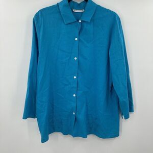 Marisa Christina Blue Linen Blend Button Front Palm Tree Tropical Embroidered Lg